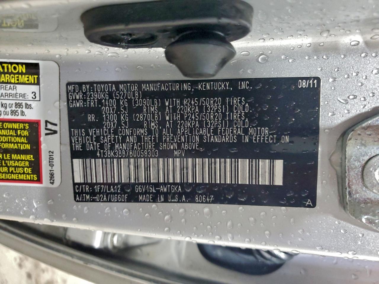 2011 Toyota Venza VIN: 4T3BK3BB7BU058303 Lot: 93306385