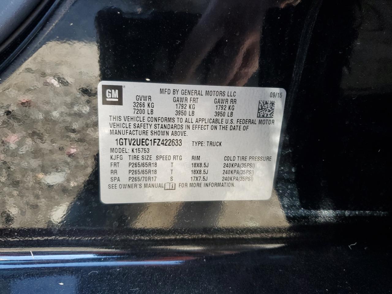 2015 GMC Sierra K1500 Sle VIN: 1GTV2UEC1FZ422633 Lot: 92889305