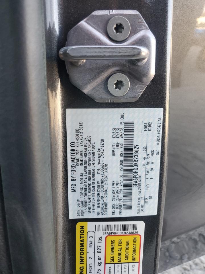 2019 Ford Fusion Se VIN: 3FA6P0HD0KR238629 Lot: 92885275