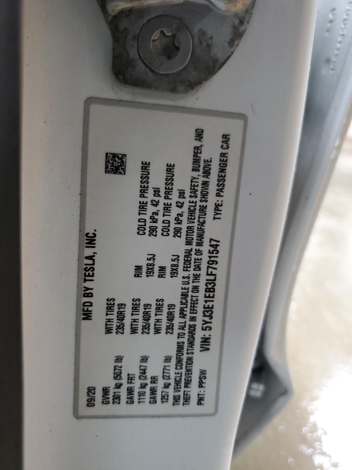 2020 Tesla Model 3 VIN: 5YJ3E1EB3LF791547 Lot: 91497665