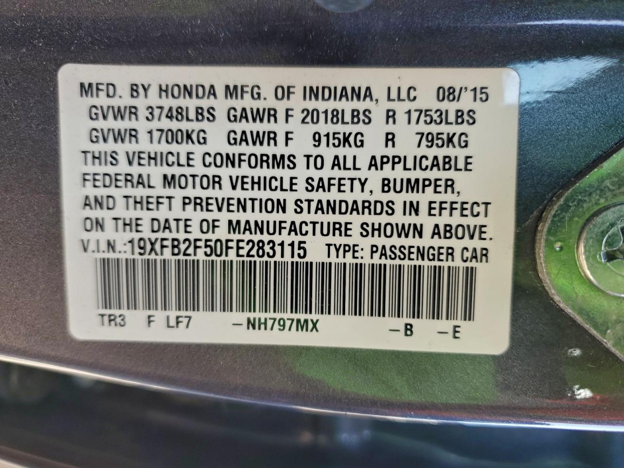 2015 Honda Civic Lx VIN: 19XFB2F50FE283115 Lot: 93980445