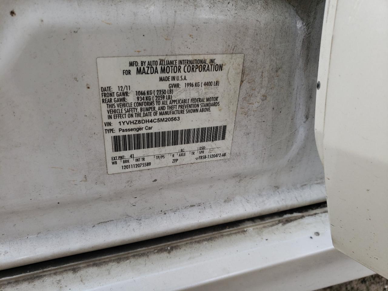 2012 Mazda 6 I VIN: 1YVHZ8DH4C5M20563 Lot: 93414635