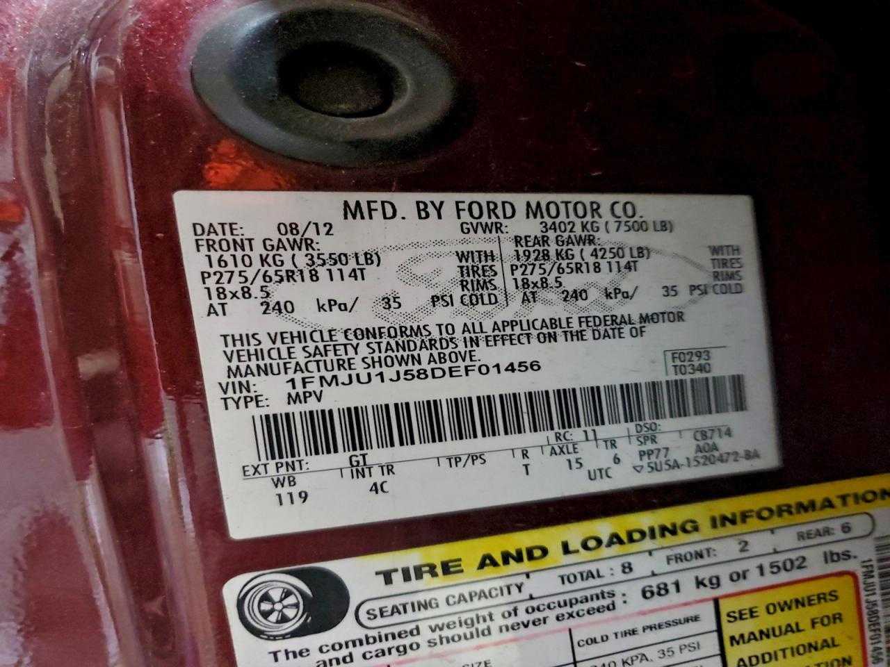 2013 Ford Expedition Xlt VIN: 1FMJU1J58DEF01456 Lot: 93883975