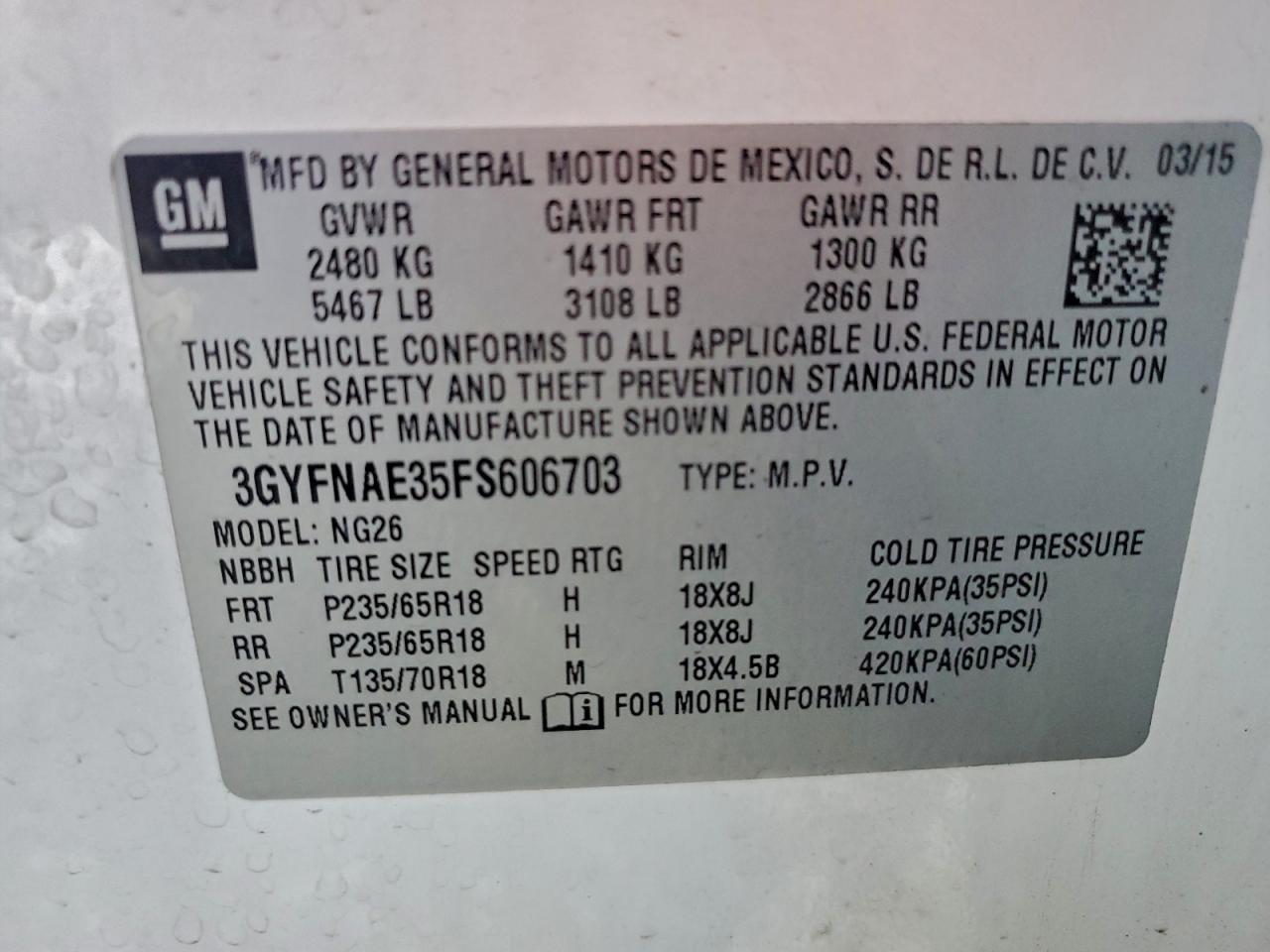 2015 Cadillac Srx VIN: 3GYFNAE35FS606703 Lot: 93945875