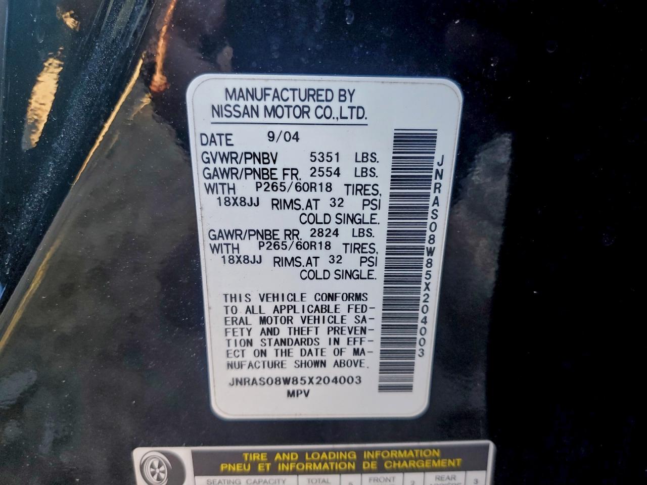 2005 Infiniti Fx35 VIN: JNRAS08W85X204003 Lot: 93482355