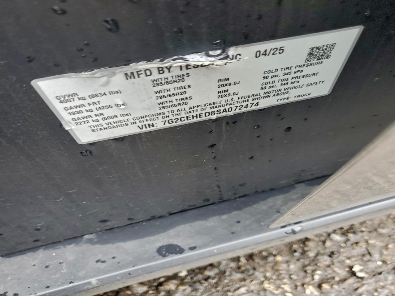 2025 Tesla Cybertruck VIN: 7G2CEHED8SA072474 Lot: 93133545