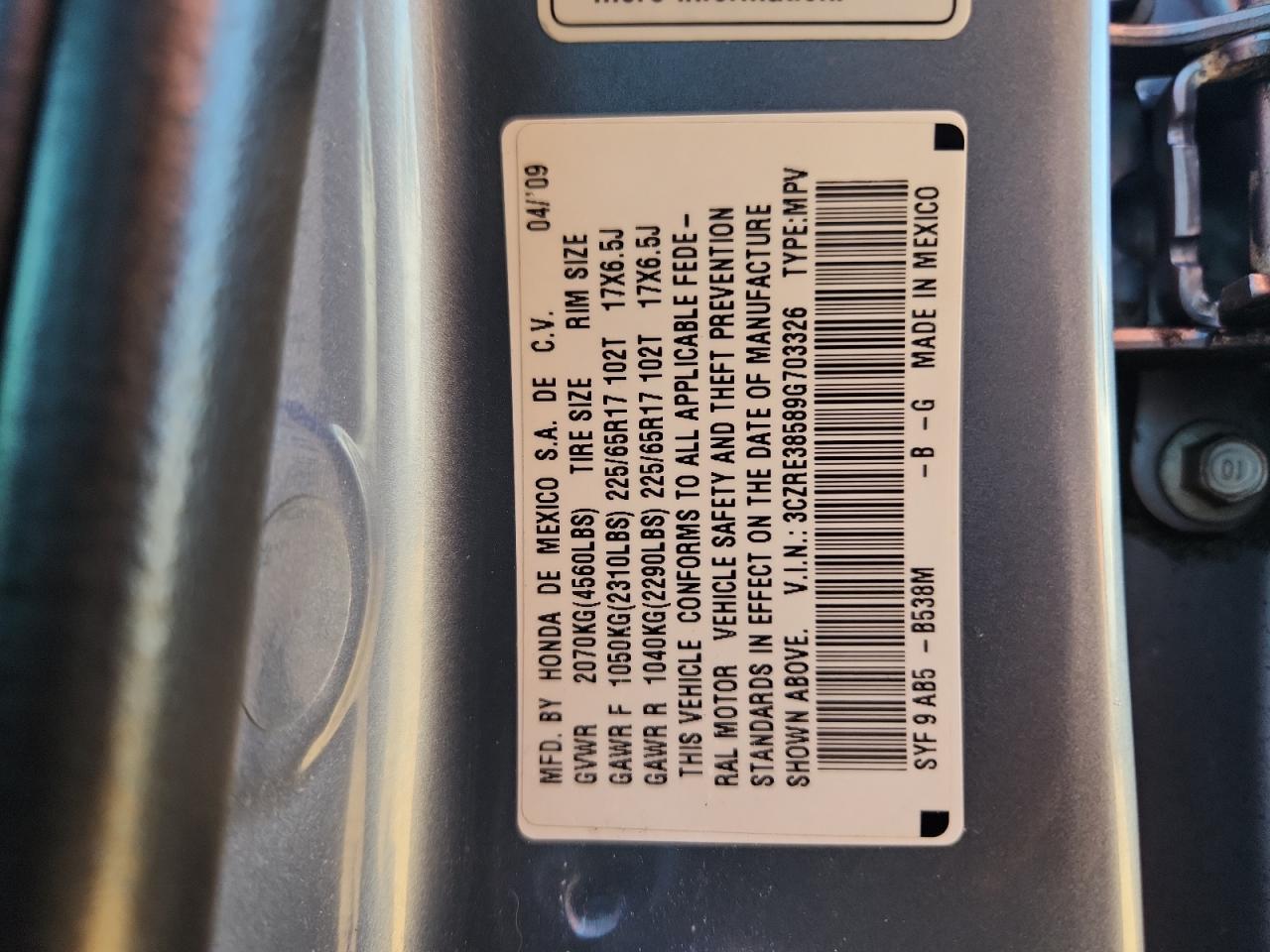 2009 Honda Cr-V Ex VIN: 3CZRE38589G703326 Lot: 92572715