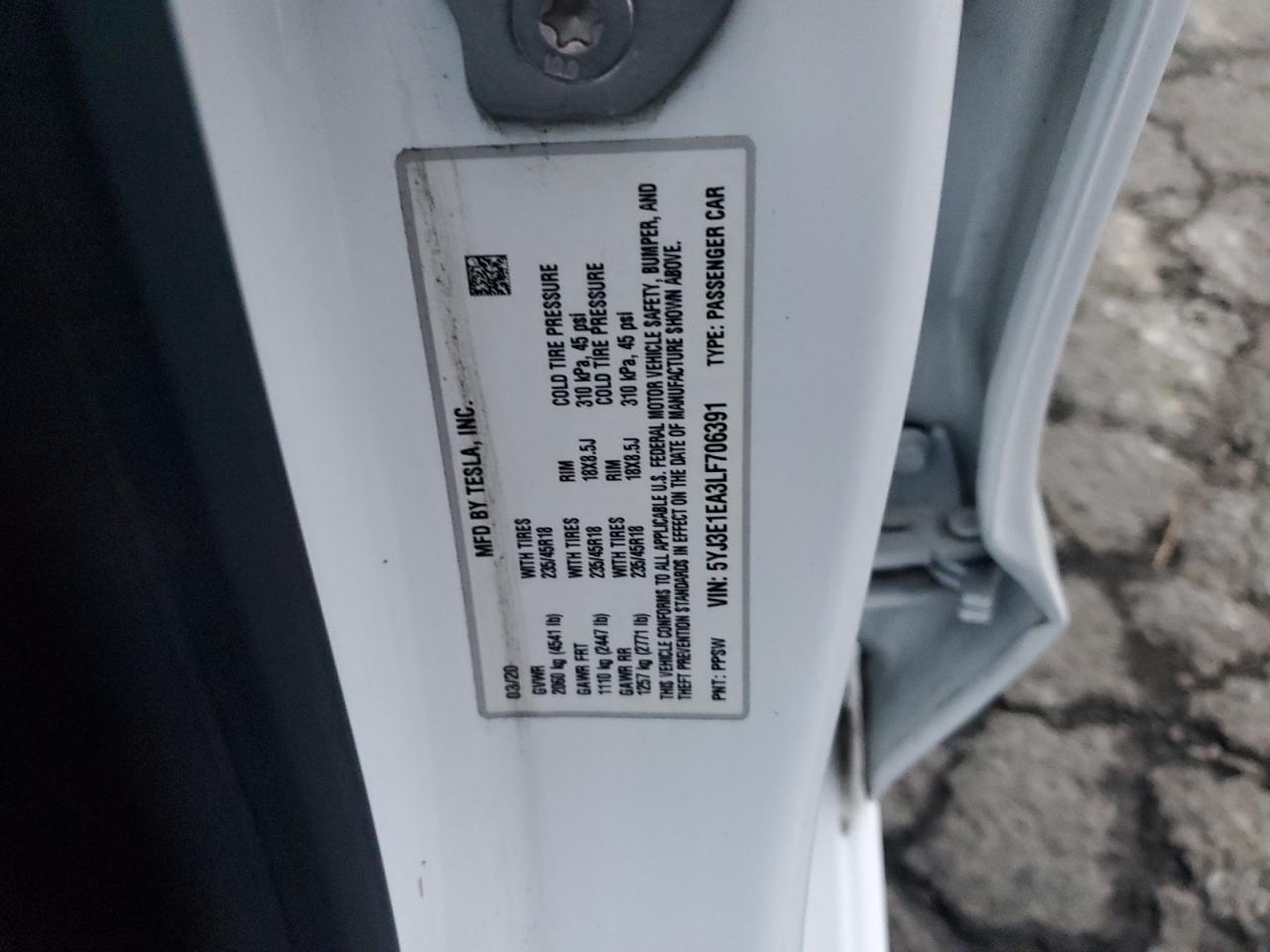 2020 Tesla Model 3 VIN: 5YJ3E1EA3LF706391 Lot: 93334745