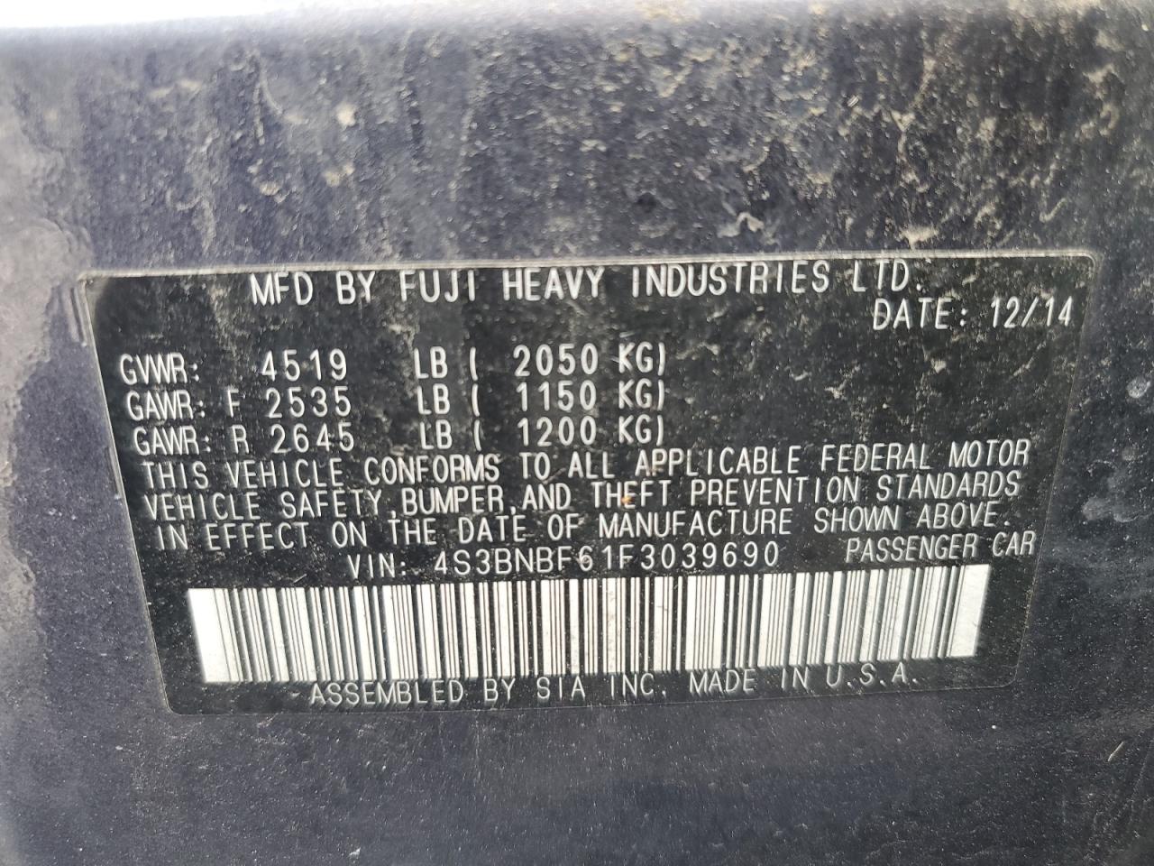 2015 Subaru Legacy 2.5I Premium VIN: 4S3BNBF61F3039690 Lot: 90636315