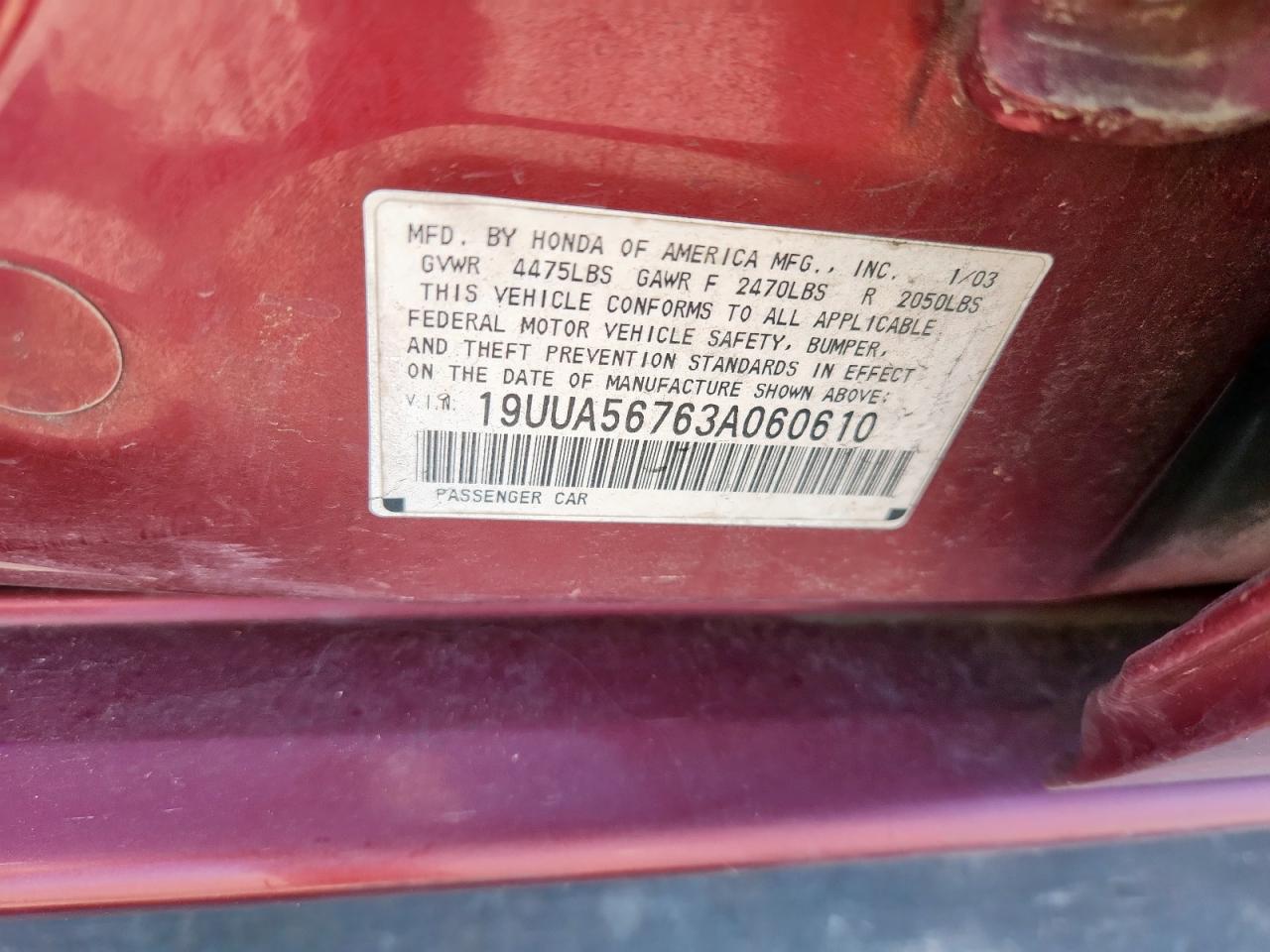 2003 Acura 3.2Tl VIN: 19UUA56763A060610 Lot: 91717325