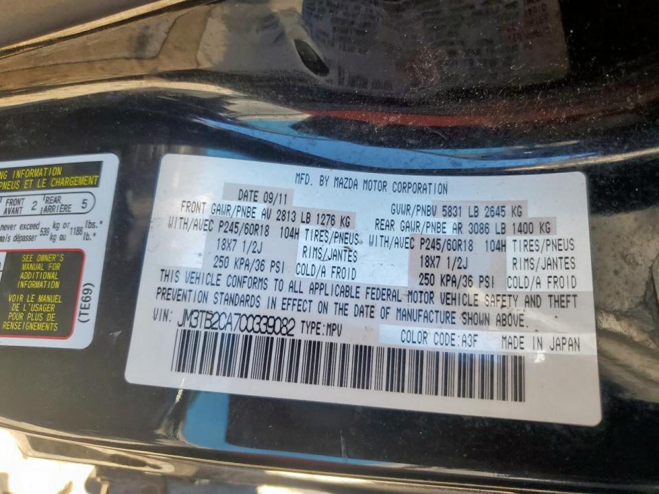 2012 Mazda Cx-9 VIN: JM3TB2CA7C0339082 Lot: 91364565