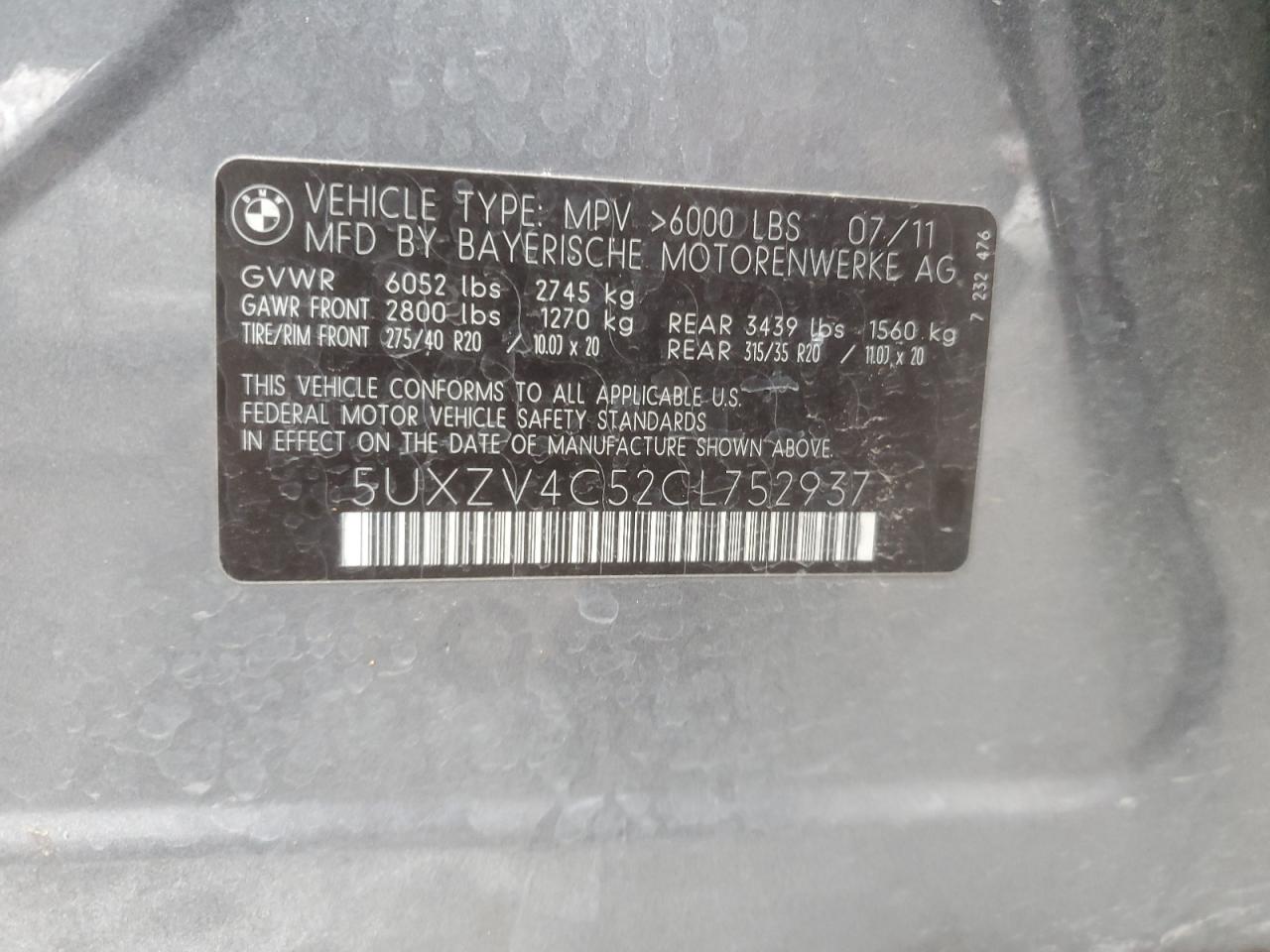 2012 BMW X5 xDrive35I VIN: 5UXZV4C52CL752937 Lot: 92924085