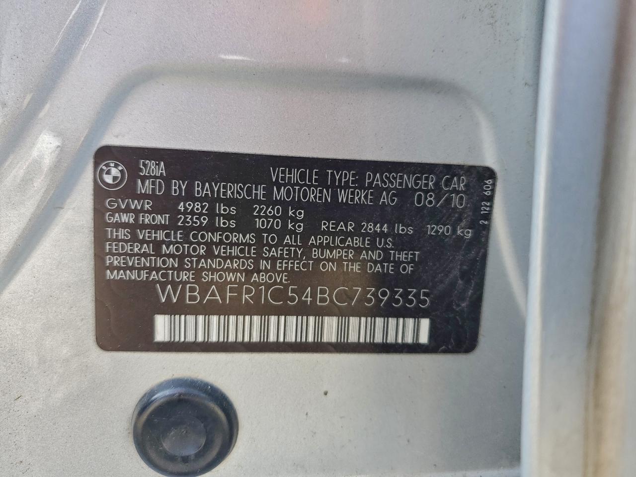 2011 BMW 528 I VIN: WBAFR1C54BC739335 Lot: 93999665