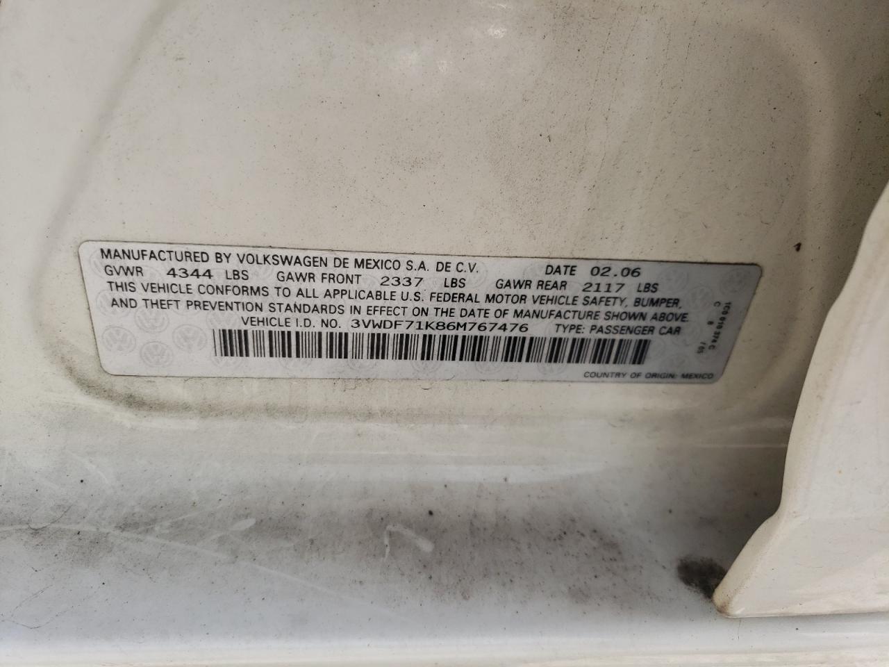 2006 Volkswagen Jetta 2.5L Leather VIN: 3VWDF71K86M767476 Lot: 91571395