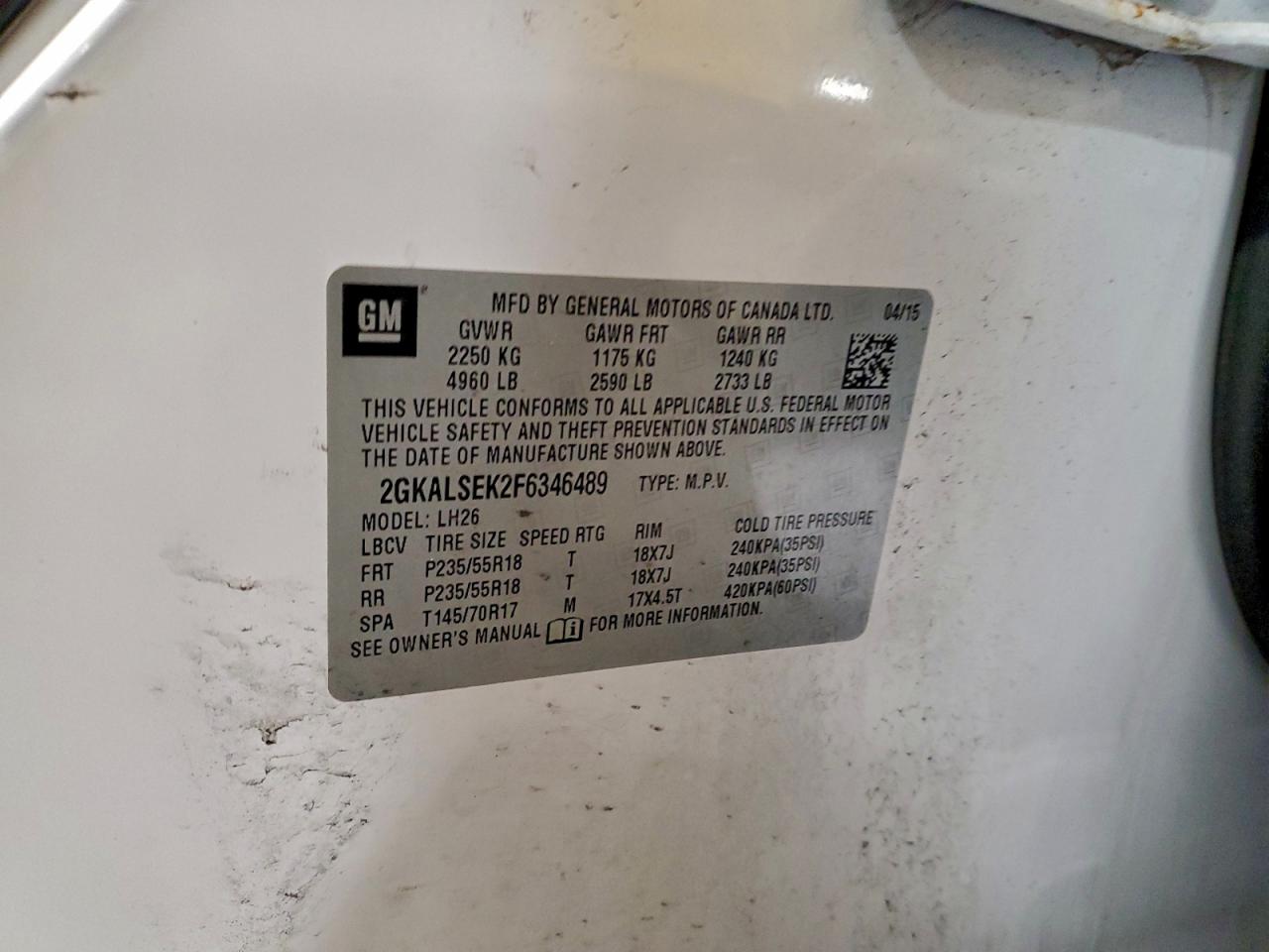 2015 GMC Terrain Slt VIN: 2GKALSEK2F6346489 Lot: 93963025