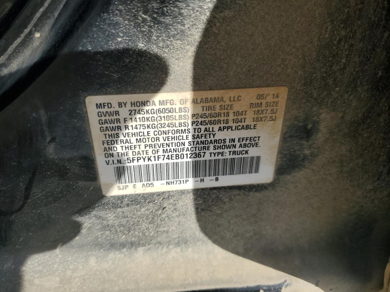 2014 Honda Ridgeline Sport VIN: 5FPYK1F74EB012367 Lot: 91573635
