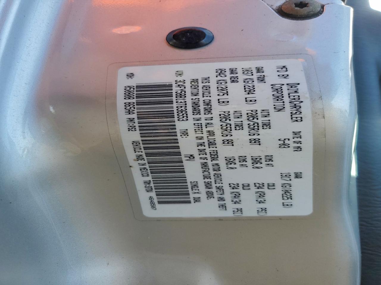 2003 Chrysler Pt Cruiser Touring VIN: 3C4FY58B13T636553 Lot: 94408485