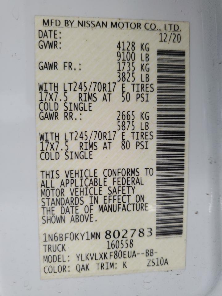 2021 Nissan Nv Delivery Van VIN: 1N6BF0KY1MN802783 Lot: 90446215