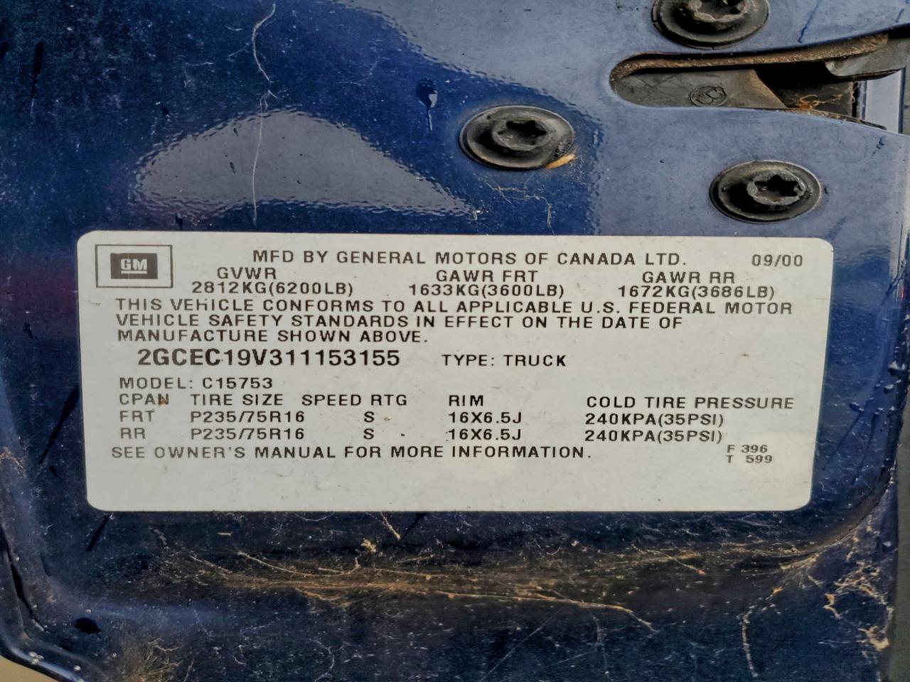 2001 Chevrolet Silverado C1500 VIN: 2GCEC19V311153155 Lot: 94033025