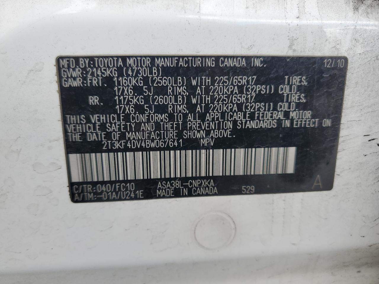 2011 Toyota Rav4 VIN: 2T3KF4DV4BW067641 Lot: 92878445