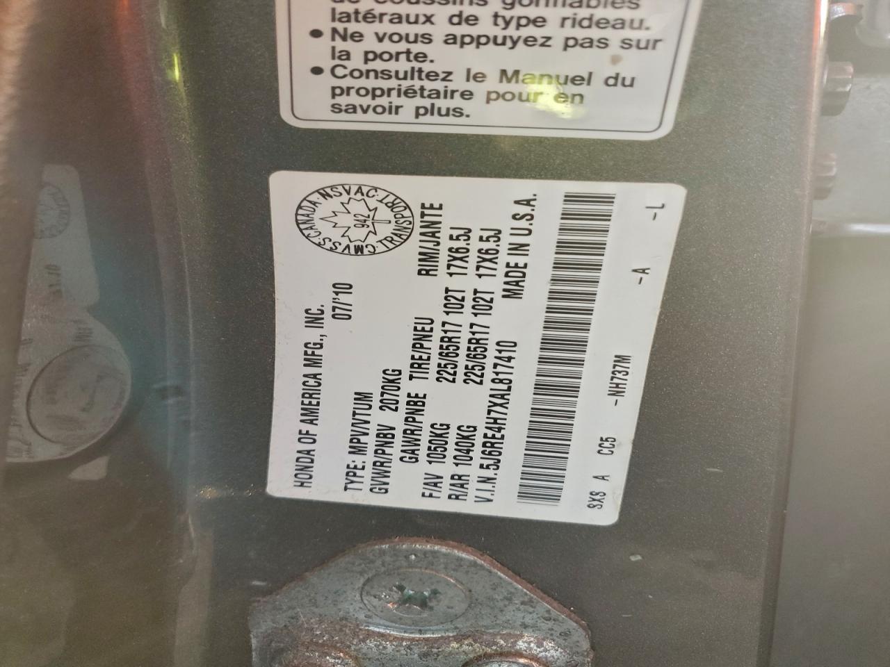 2010 Honda Cr-V Exl VIN: 5J6RE4H7XAL817410 Lot: 91696315