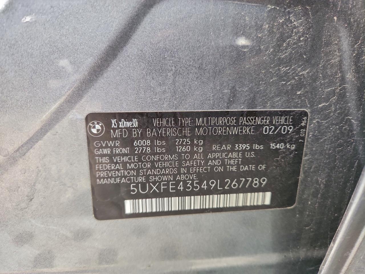 2009 BMW X5 xDrive30I VIN: 5UXFE43549L267789 Lot: 93549795