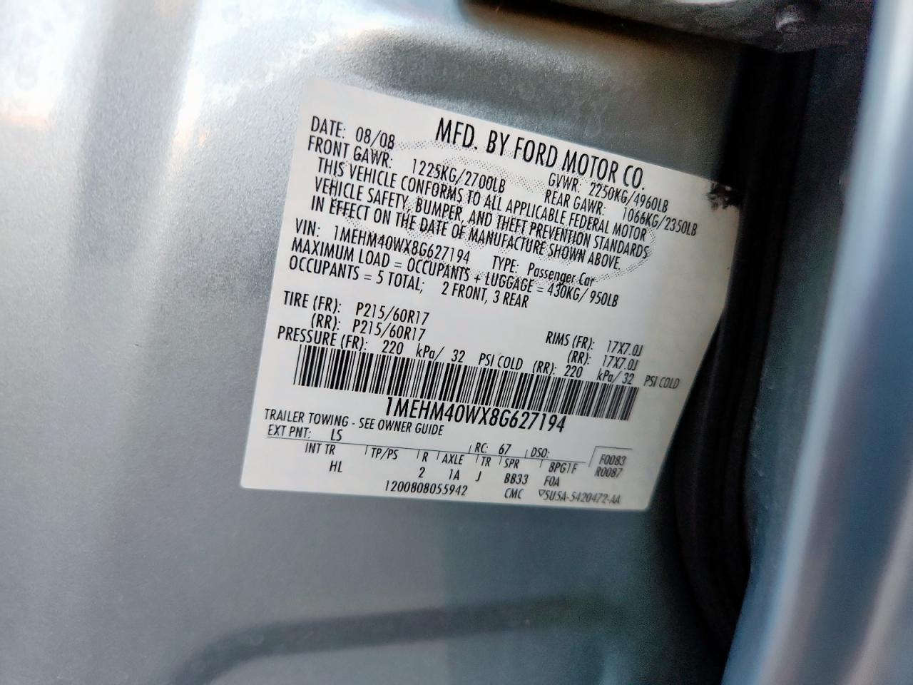 2008 Mercury Sable Luxury VIN: 1MEHM40WX8G627194 Lot: 90346805