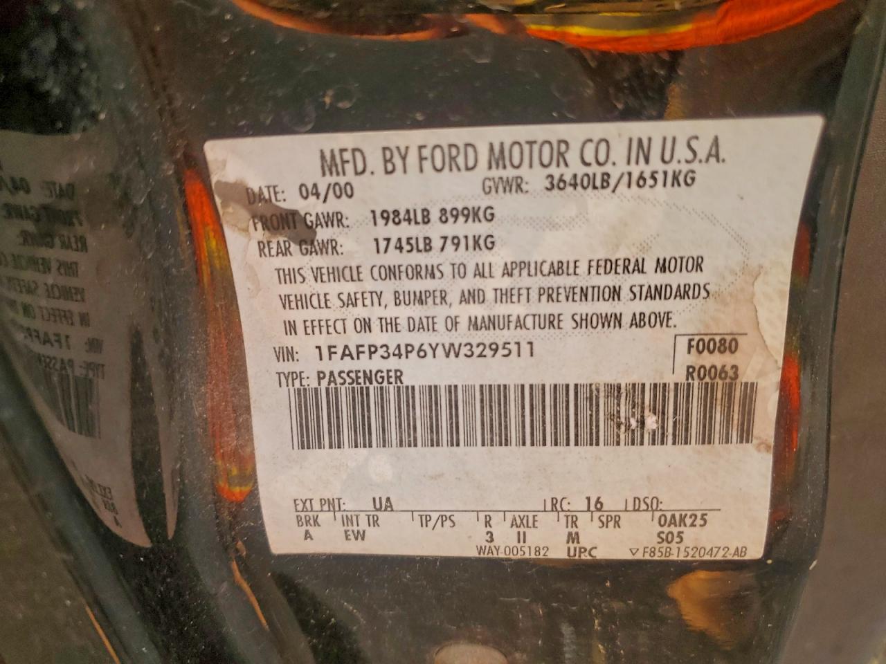 2000 Ford Focus Se VIN: 1FAFP34P6YW329511 Lot: 94960755