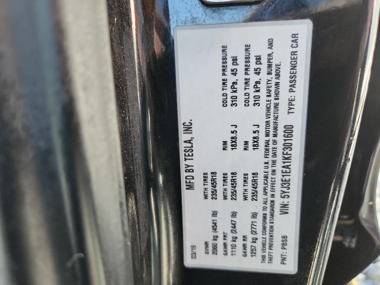 2019 Tesla Model 3 VIN: 5YJ3E1EA1KF301600 Lot: 90662355