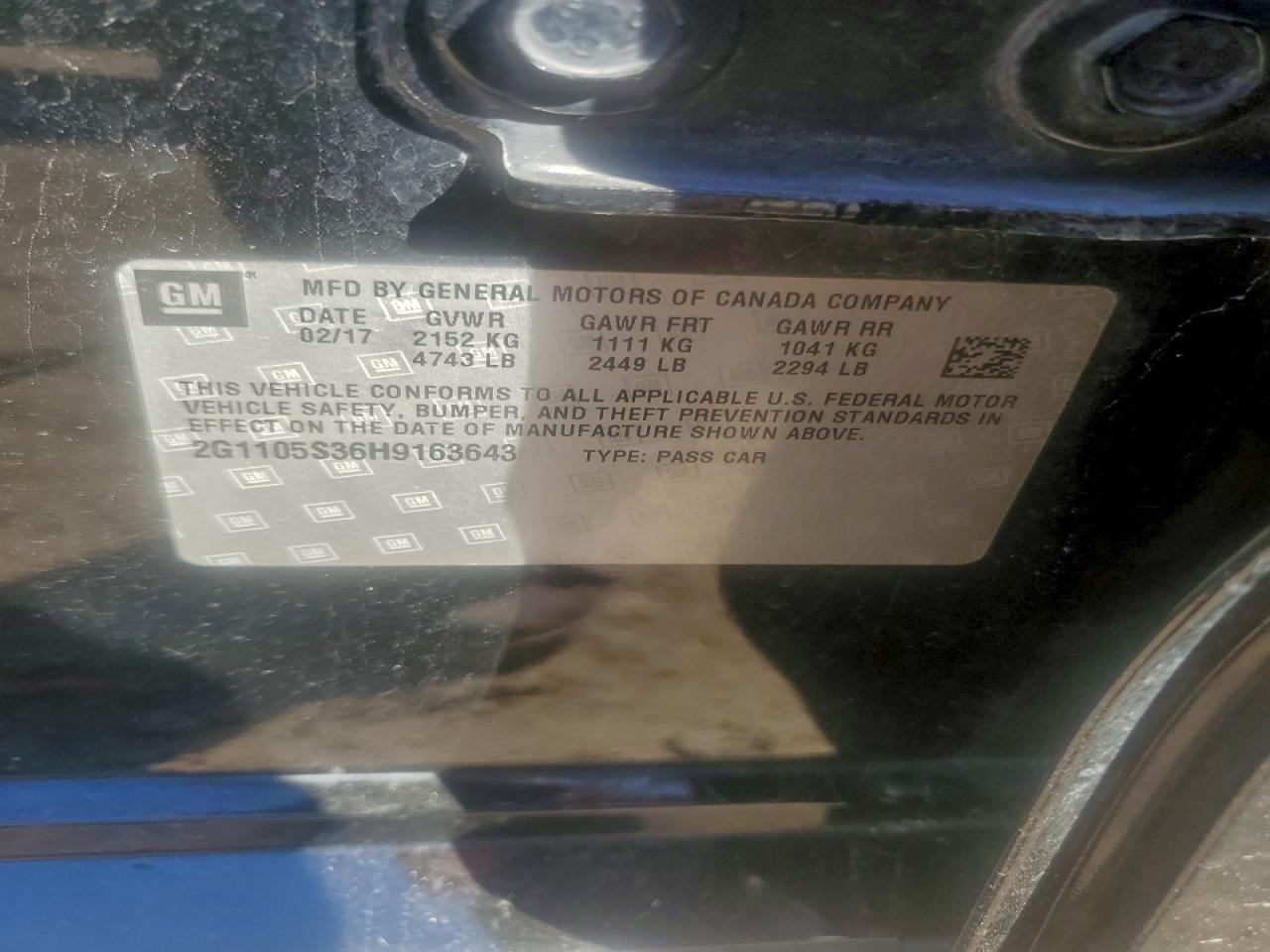 2017 Chevrolet Impala Lt VIN: 2G1105S36H9163643 Lot: 94240075