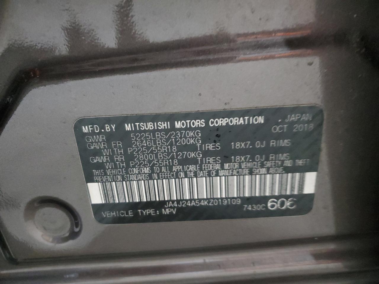 2019 Mitsubishi Outlander Sel VIN: JA4J24A54KZ019109 Lot: 92714795