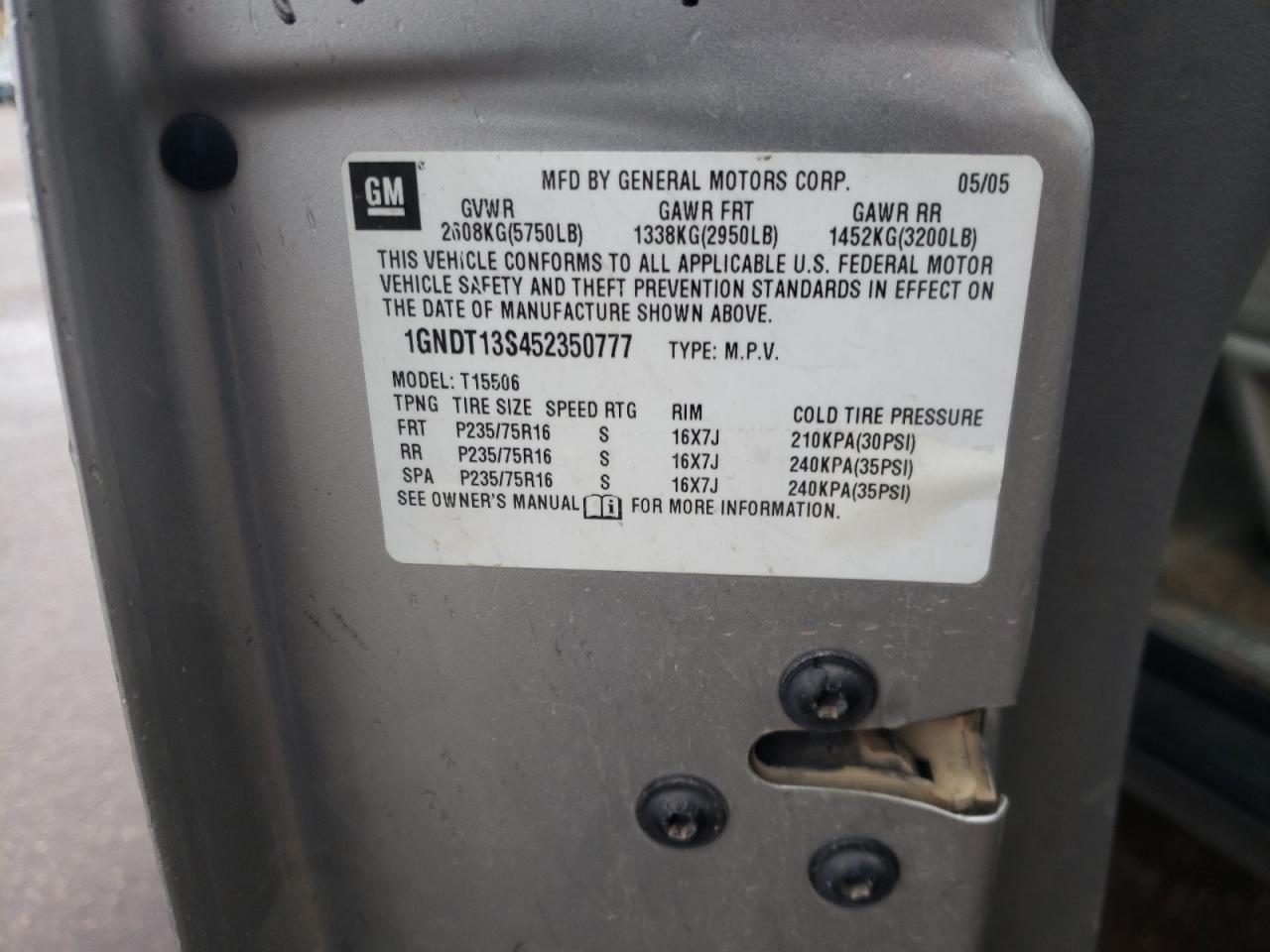 2005 Chevrolet Trailblazer Ls VIN: 1GNDT13S452350777 Lot: 93910335