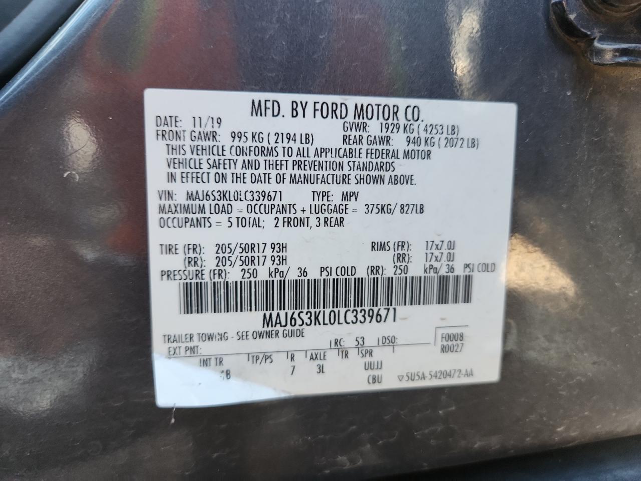 2020 Ford Ecosport Titanium VIN: MAJ6S3KL0LC339671 Lot: 92929725