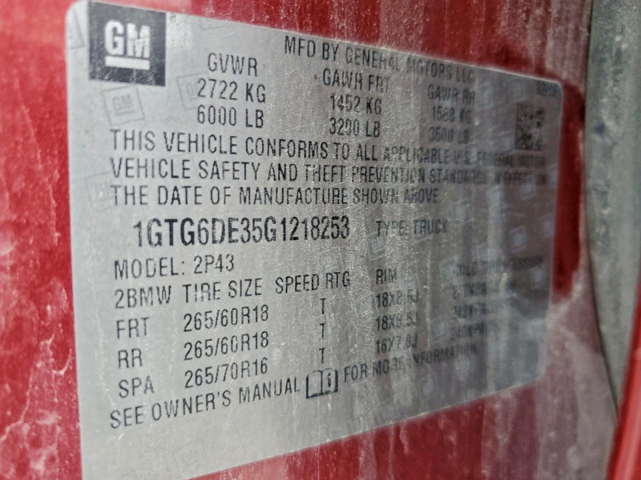 2016 GMC Canyon Slt VIN: 1GTG6DE35G1218253 Lot: 93322145