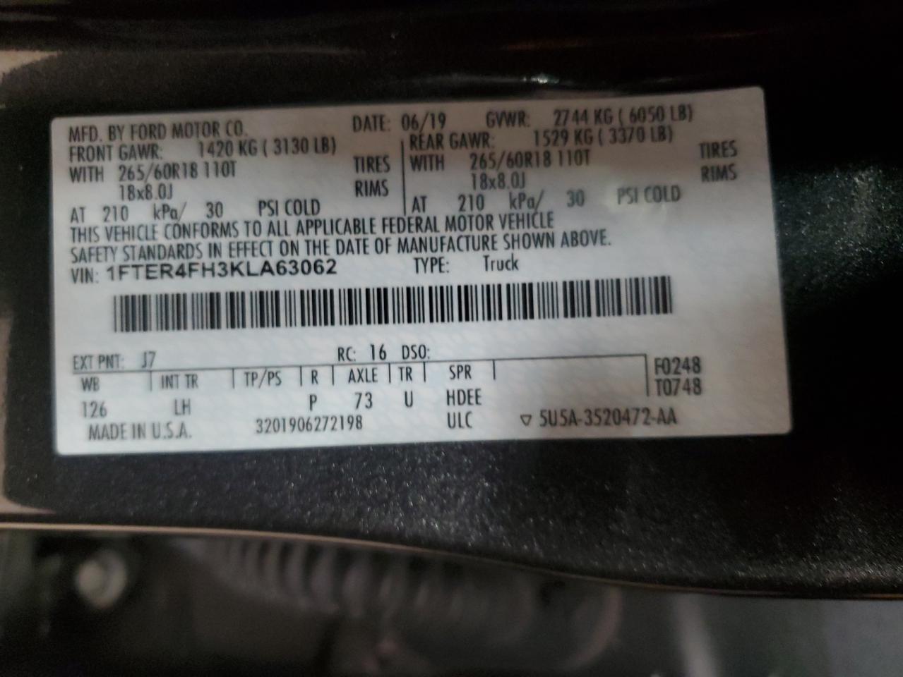 2019 Ford Ranger Xl VIN: 1FTER4FH3KLA63062 Lot: 93471665