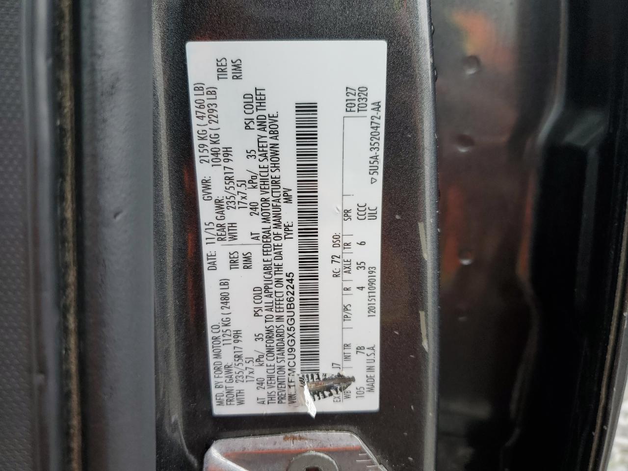 2016 Ford Escape Se VIN: 1FMCU9GX5GUB62245 Lot: 91007845