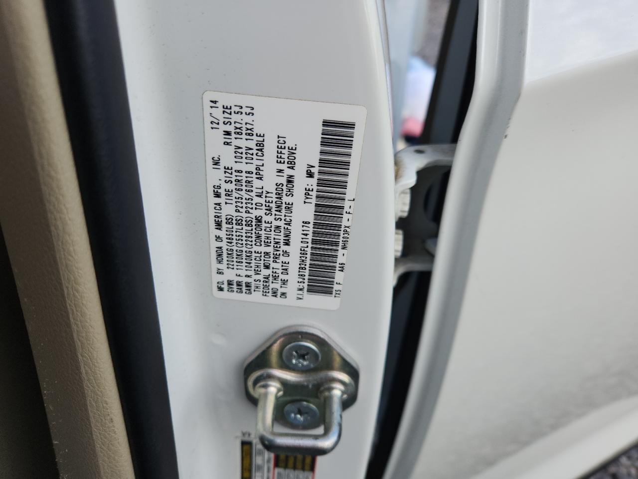 2015 Acura Rdx VIN: 5J8TB3H36FL014176 Lot: 91386255