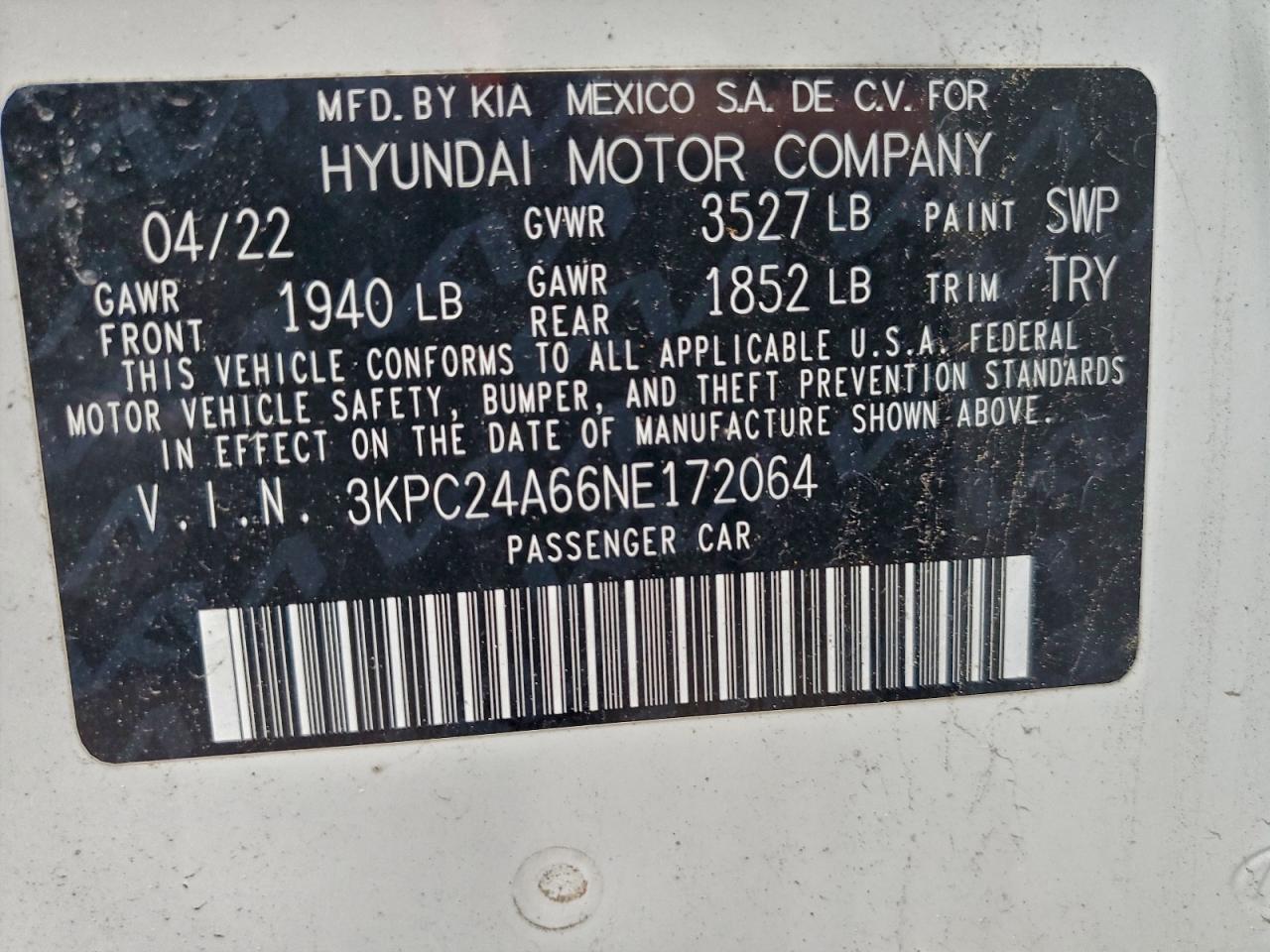 2022 Hyundai Accent Se VIN: 3KPC24A66NE172064 Lot: 94102925