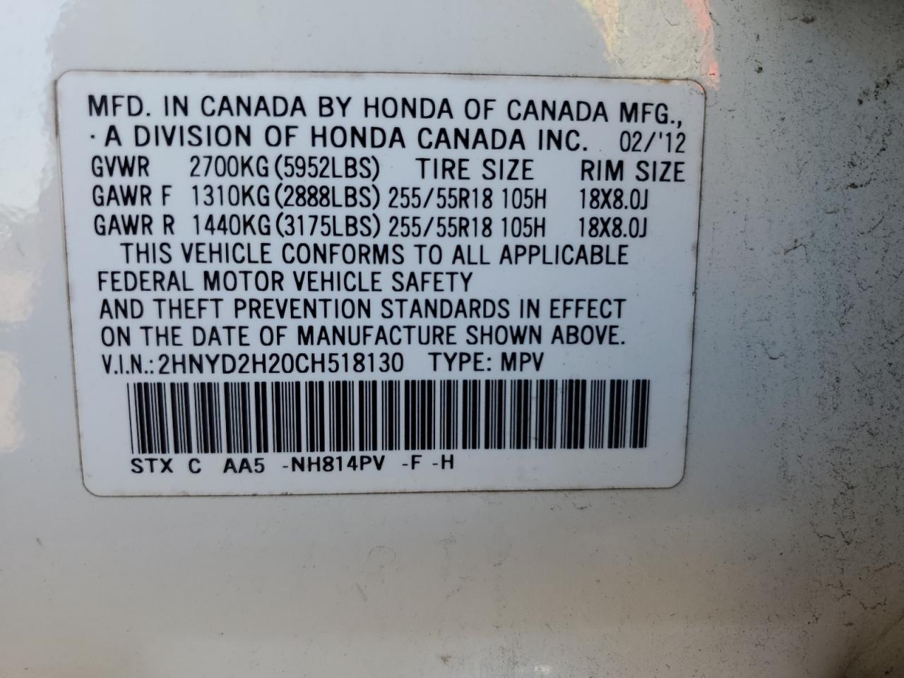 2012 Acura Mdx VIN: 2HNYD2H20CH518130 Lot: 91681625