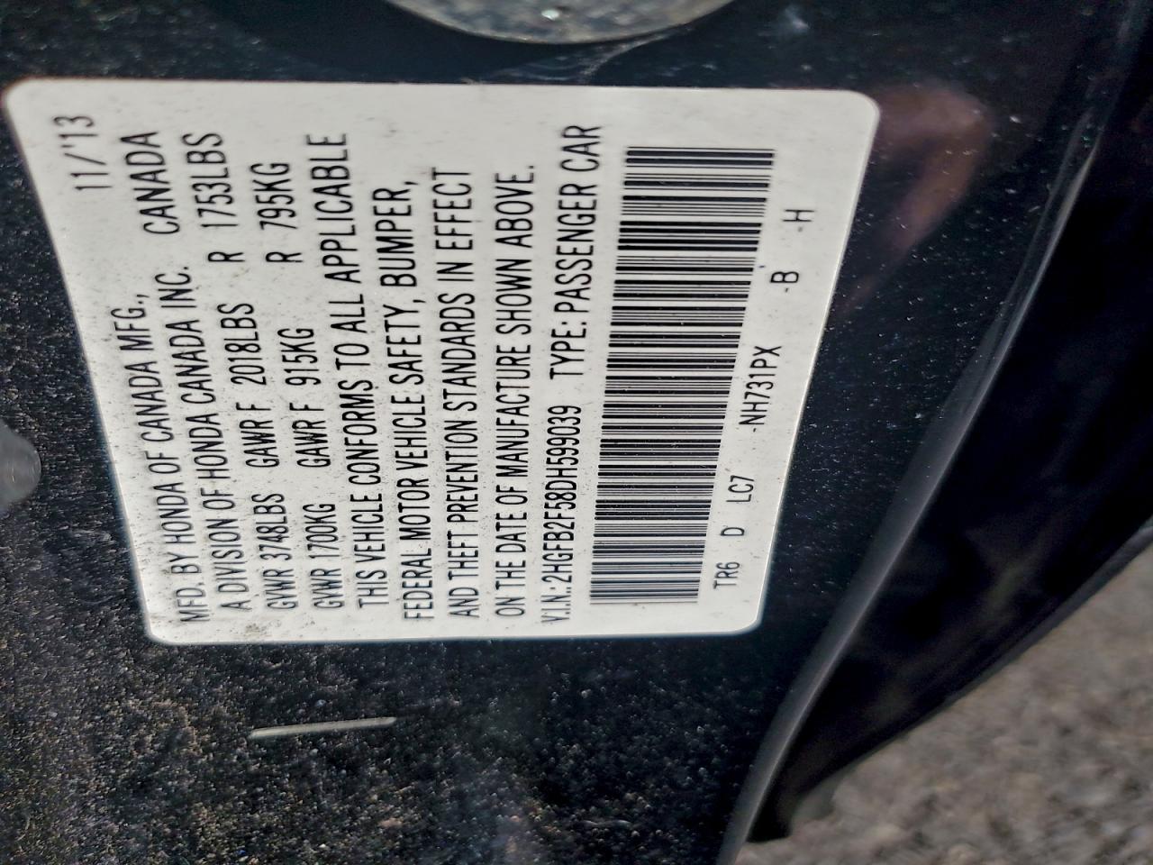 2013 Honda Civic Lx VIN: 2HGFB2F58DH599039 Lot: 94127235