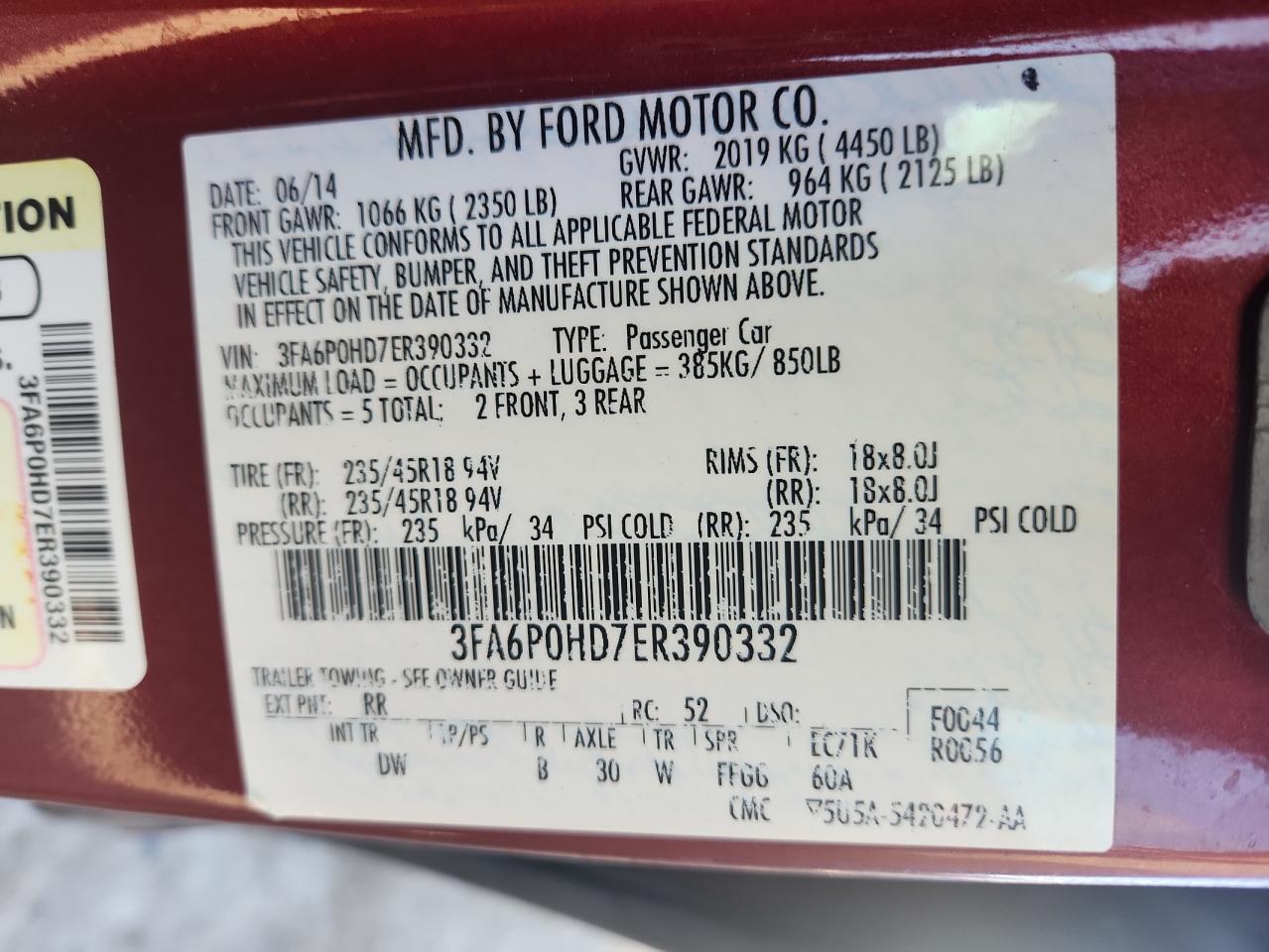 2014 Ford Fusion Se VIN: 3FA6P0HD7ER390332 Lot: 92671165