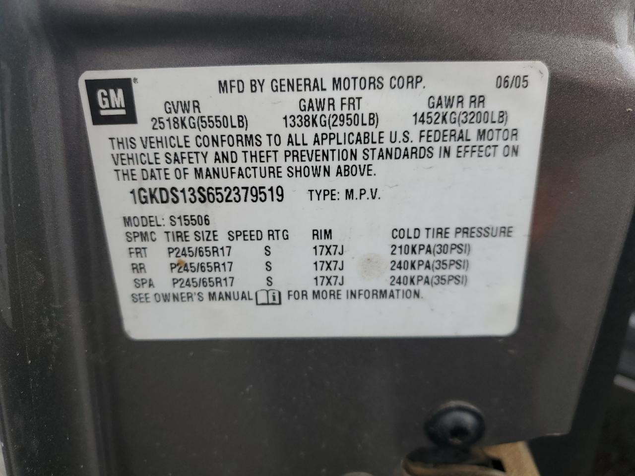 2005 GMC Envoy VIN: 1GKDS13S652379519 Lot: 92226115