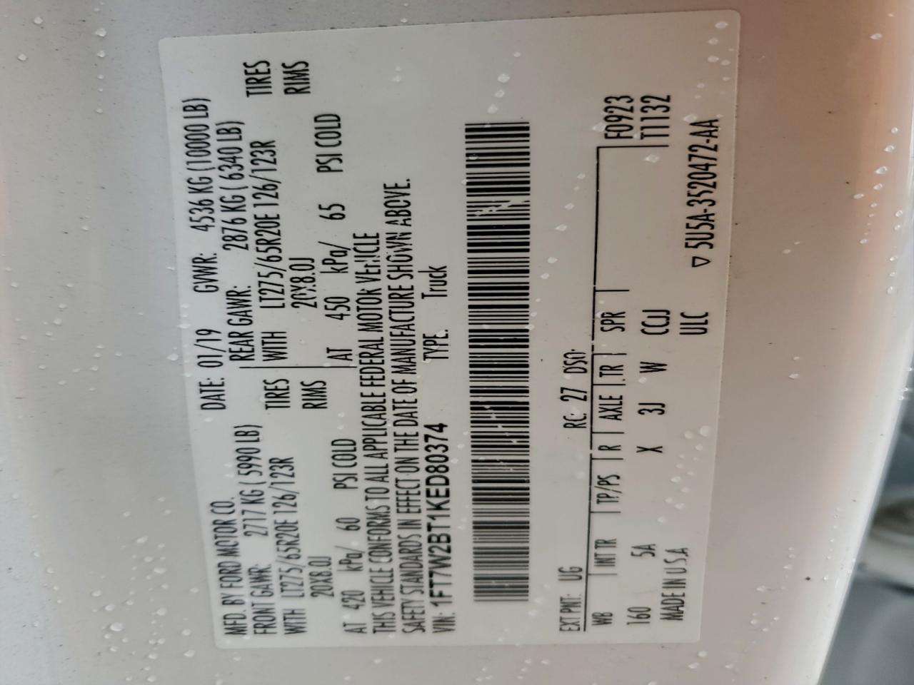 2019 Ford F250 Super Duty VIN: 1FT7W2BT1KED80374 Lot: 93896565