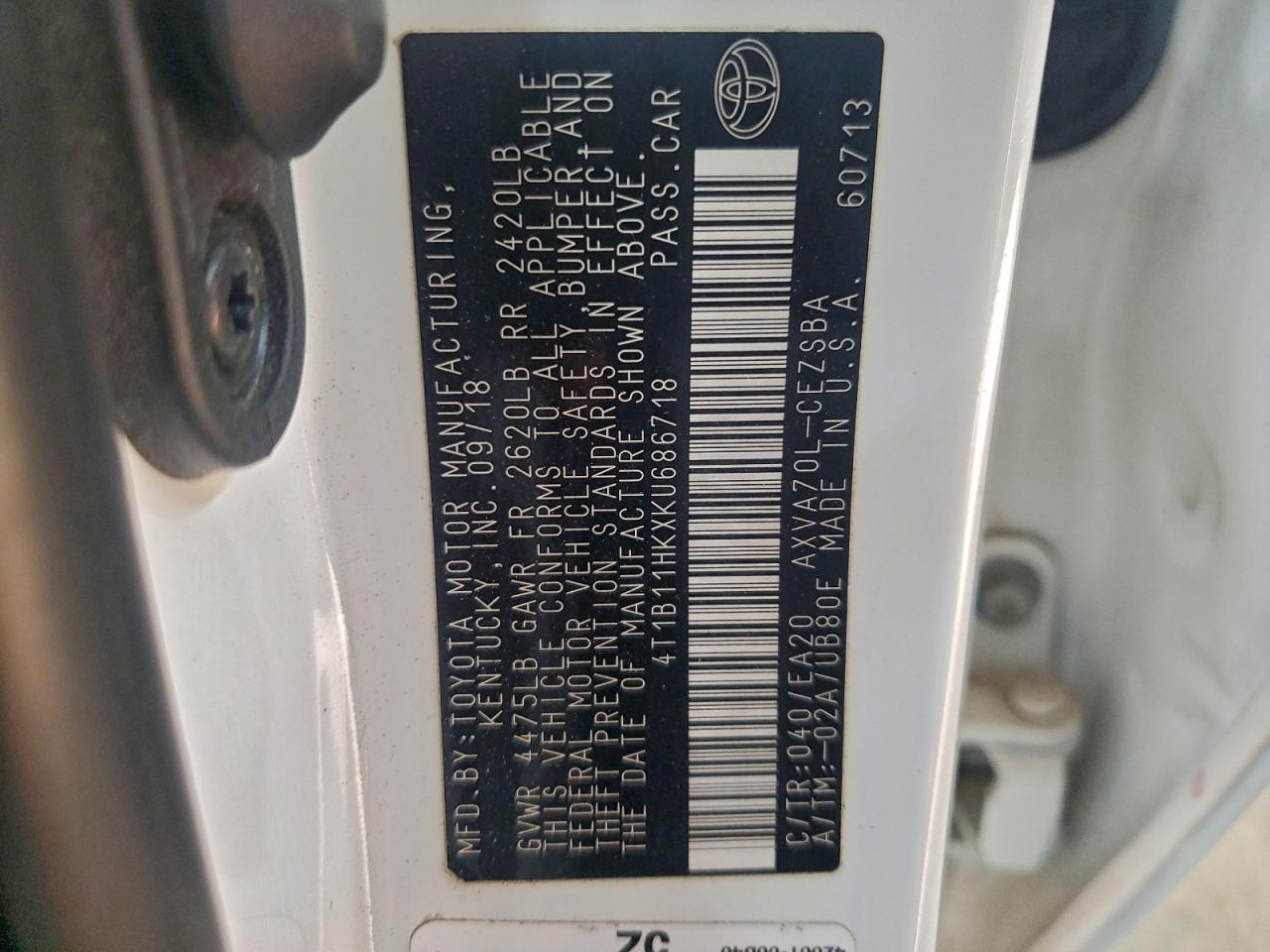 2019 Toyota Camry L VIN: 4T1B11HKXKU686718 Lot: 94284205