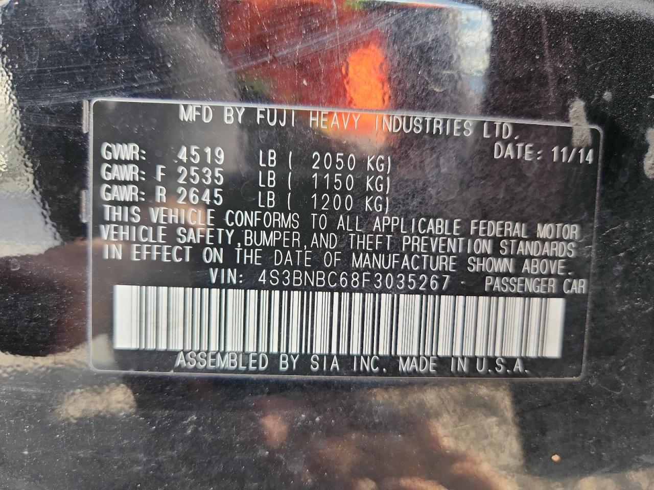 2015 Subaru Legacy 2.5I Premium VIN: 4S3BNBC68F3035267 Lot: 91820095