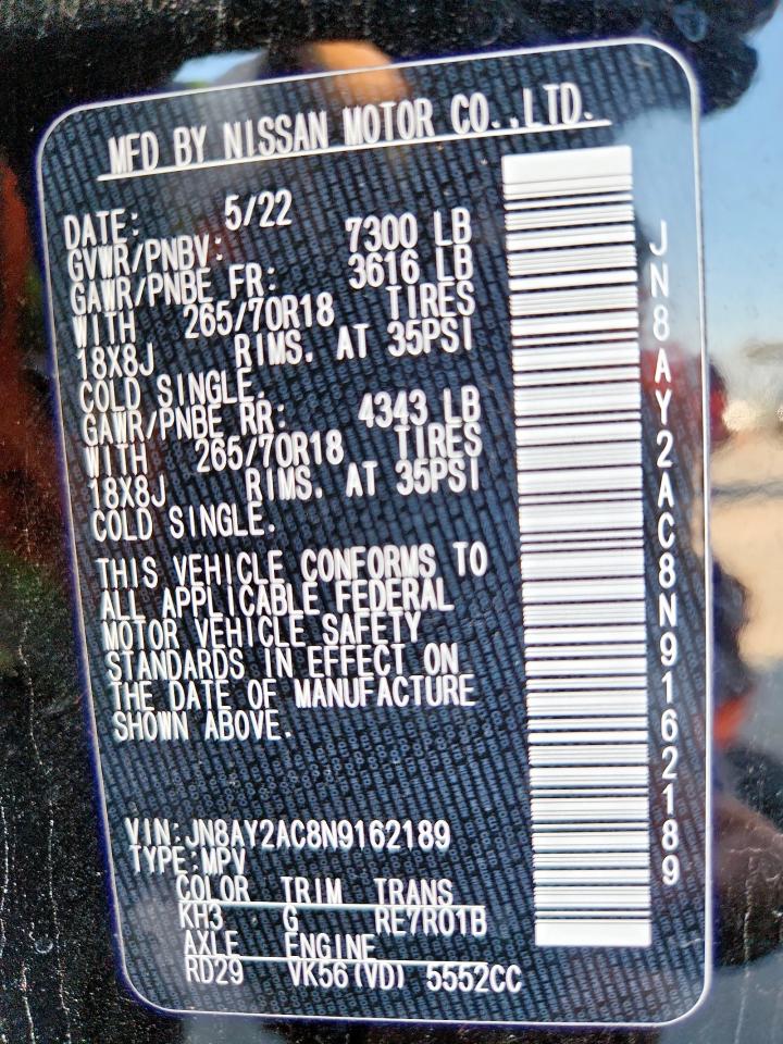 2022 Nissan Armada S VIN: JN8AY2AC8N9162189 Lot: 92984875