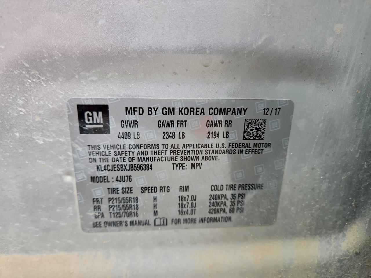 2018 Buick Encore Preferred VIN: KL4CJESBXJB596384 Lot: 92797805