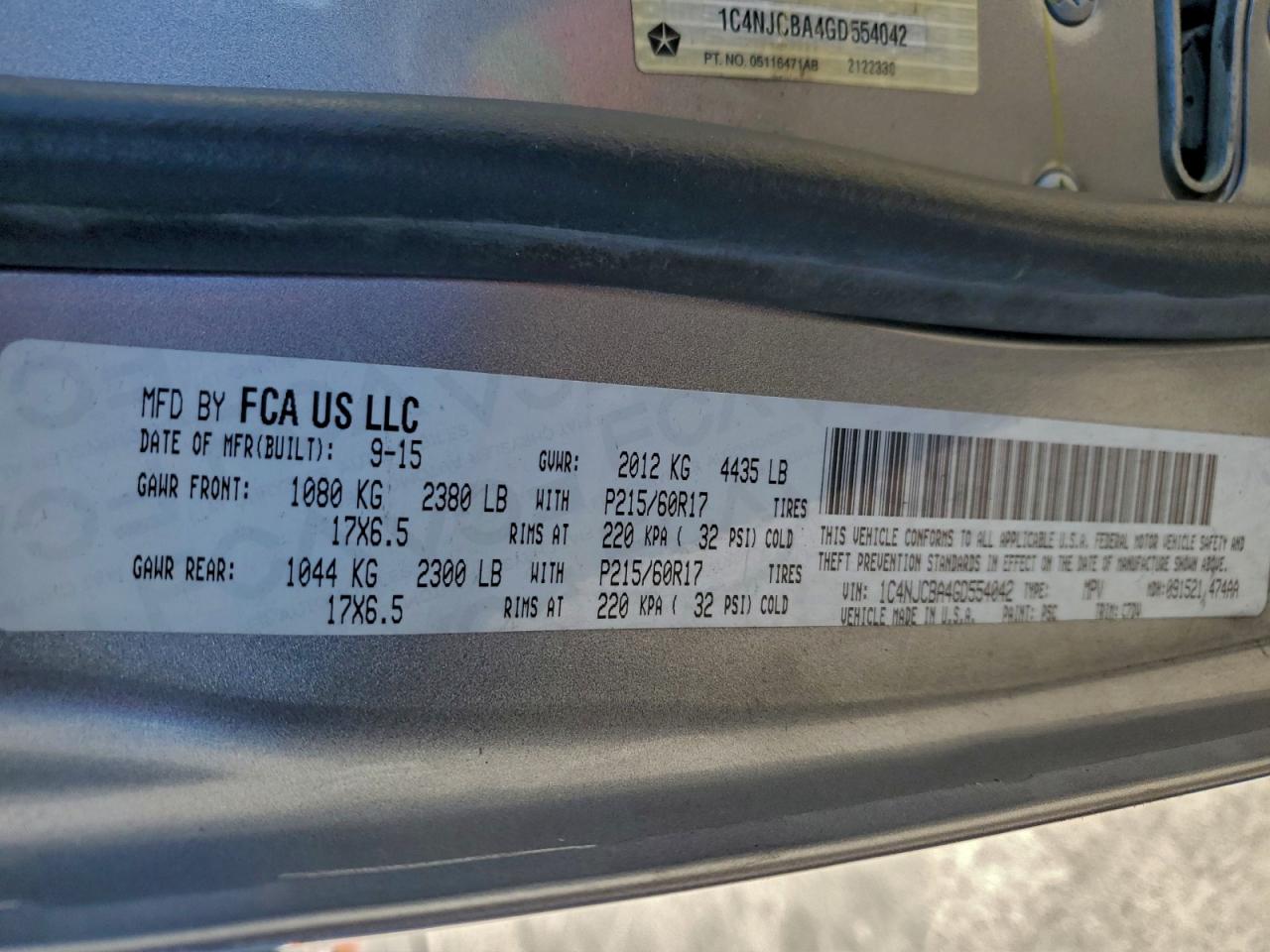 2016 Jeep Compass Sport VIN: 1C4NJCBA4GD554042 Lot: 92157905