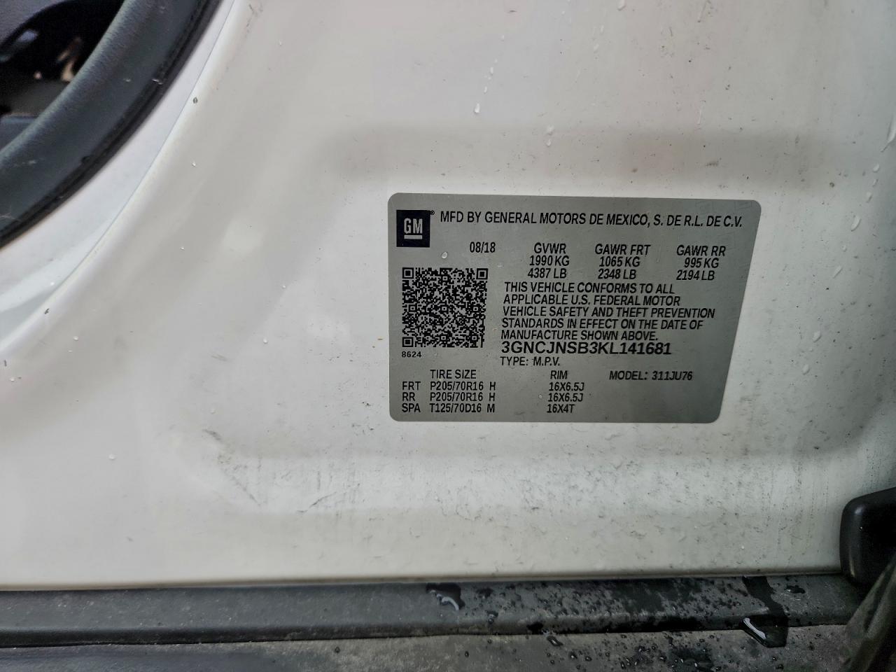 2019 Chevrolet Trax Ls VIN: 3GNCJNSB3KL141681 Lot: 92759165