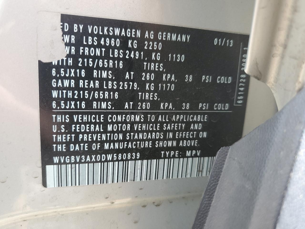 2013 Volkswagen Tiguan S VIN: WVGBV3AX0DW580839 Lot: 91923325